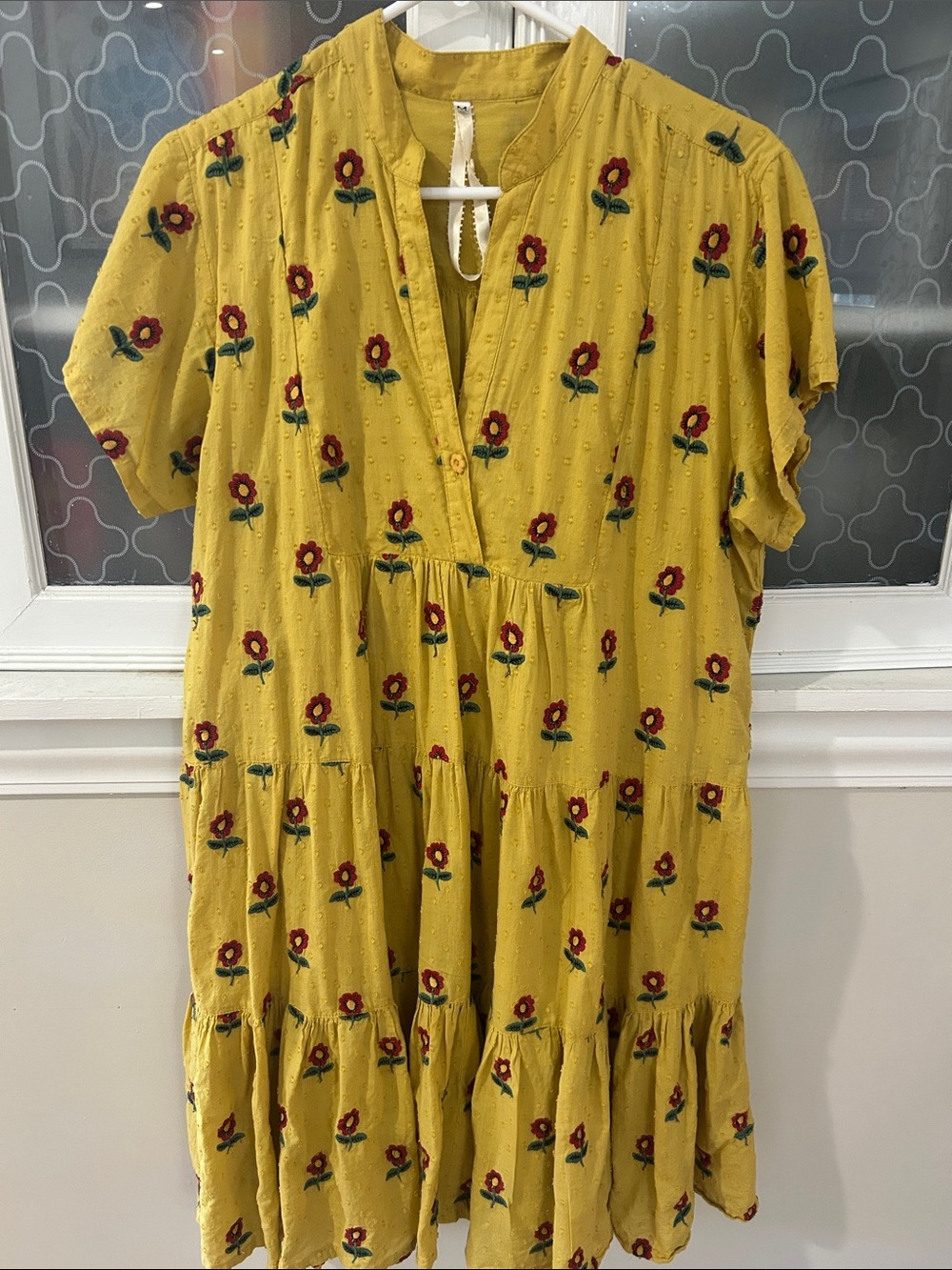 Uncle Frank Mustard Yellow Tiered Dress with Red & Green Floral Motif